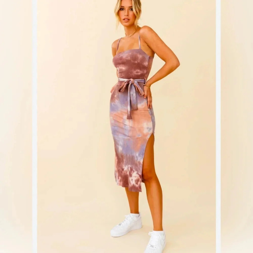 Tie-Dye Mauve & Peach Maxi Dress with Side Slit